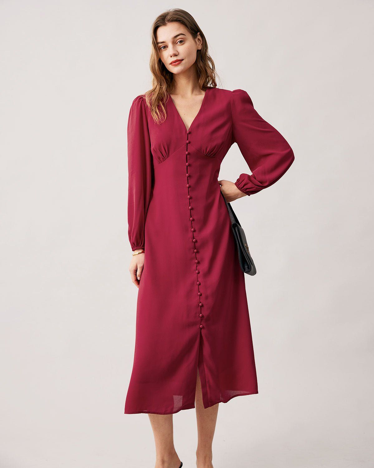 The Red V Neck Single-breasted Long Sleeve Midi Dress sold by rihoas