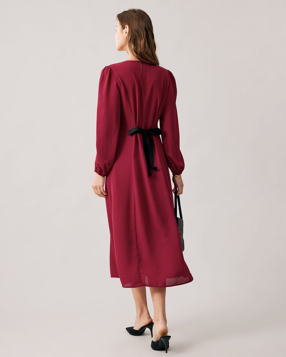 The Red V Neck Single-breasted Long Sleeve Midi Dress sold by rihoas product image thumbnail 5