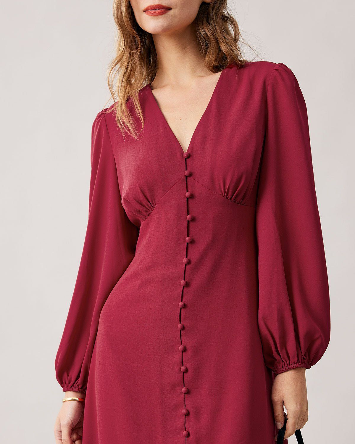 The Red V Neck Single-breasted Long Sleeve Midi Dress sold by rihoas product image thumbnail 2