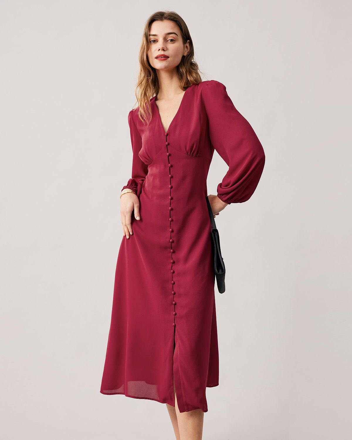 The Red V Neck Single-breasted Long Sleeve Midi Dress sold by rihoas product image thumbnail 3