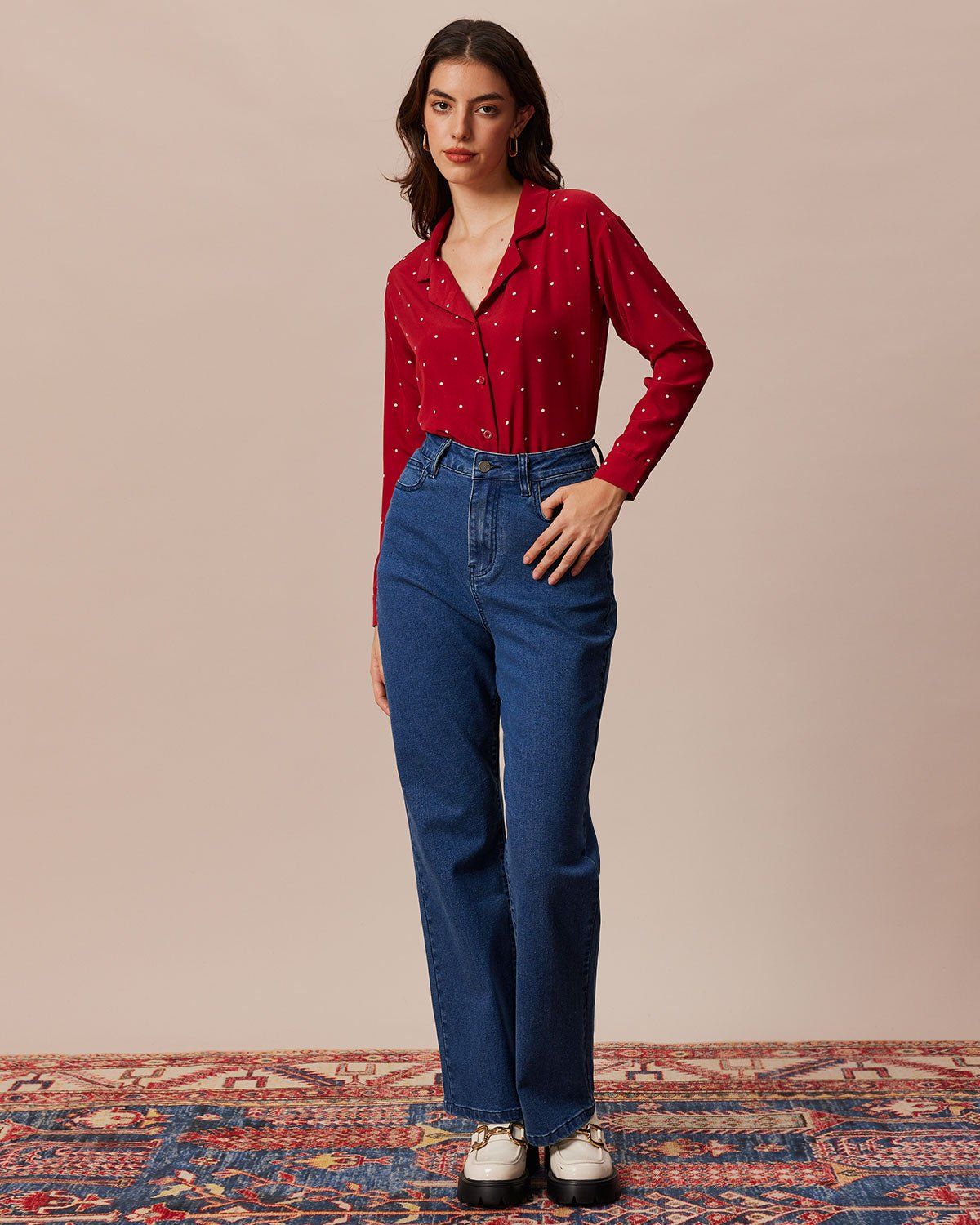 The Red Lapel Polka Dot Long Sleeve Shirt sold by rihoas product image thumbnail 2