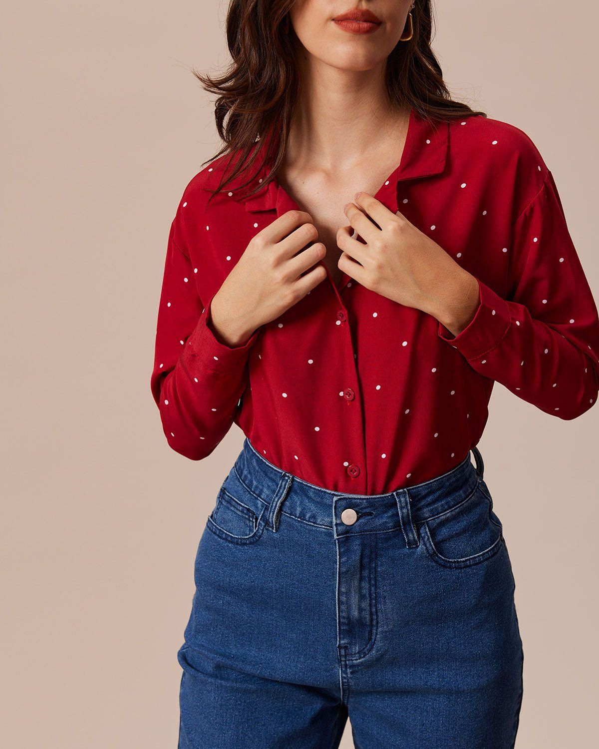 The Red Lapel Polka Dot Long Sleeve Shirt sold by rihoas product image thumbnail 3