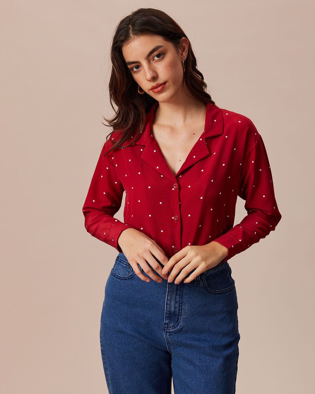The Red Lapel Polka Dot Long Sleeve Shirt sold by rihoas