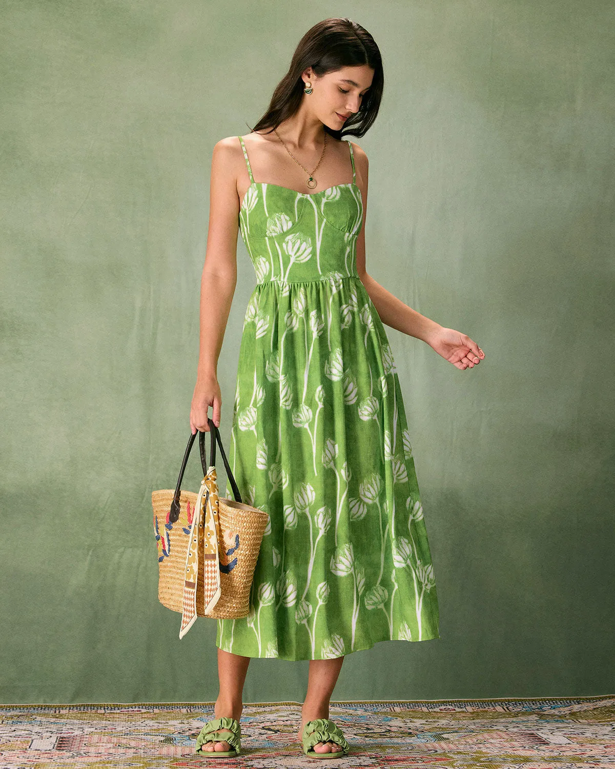 The Green Floral Ruched Slip Midi Dress sold by rihoas product image thumbnail 5