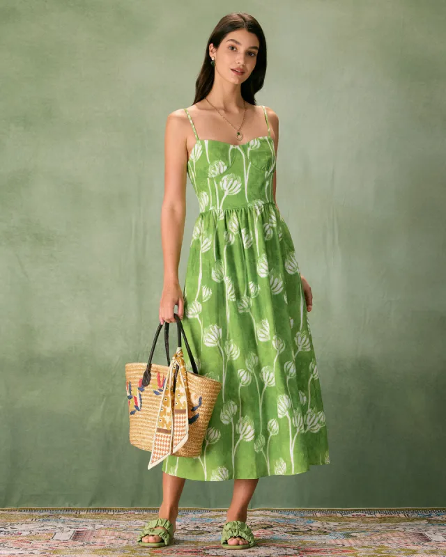 The Green Floral Ruched Slip Midi Dress sold by rihoas