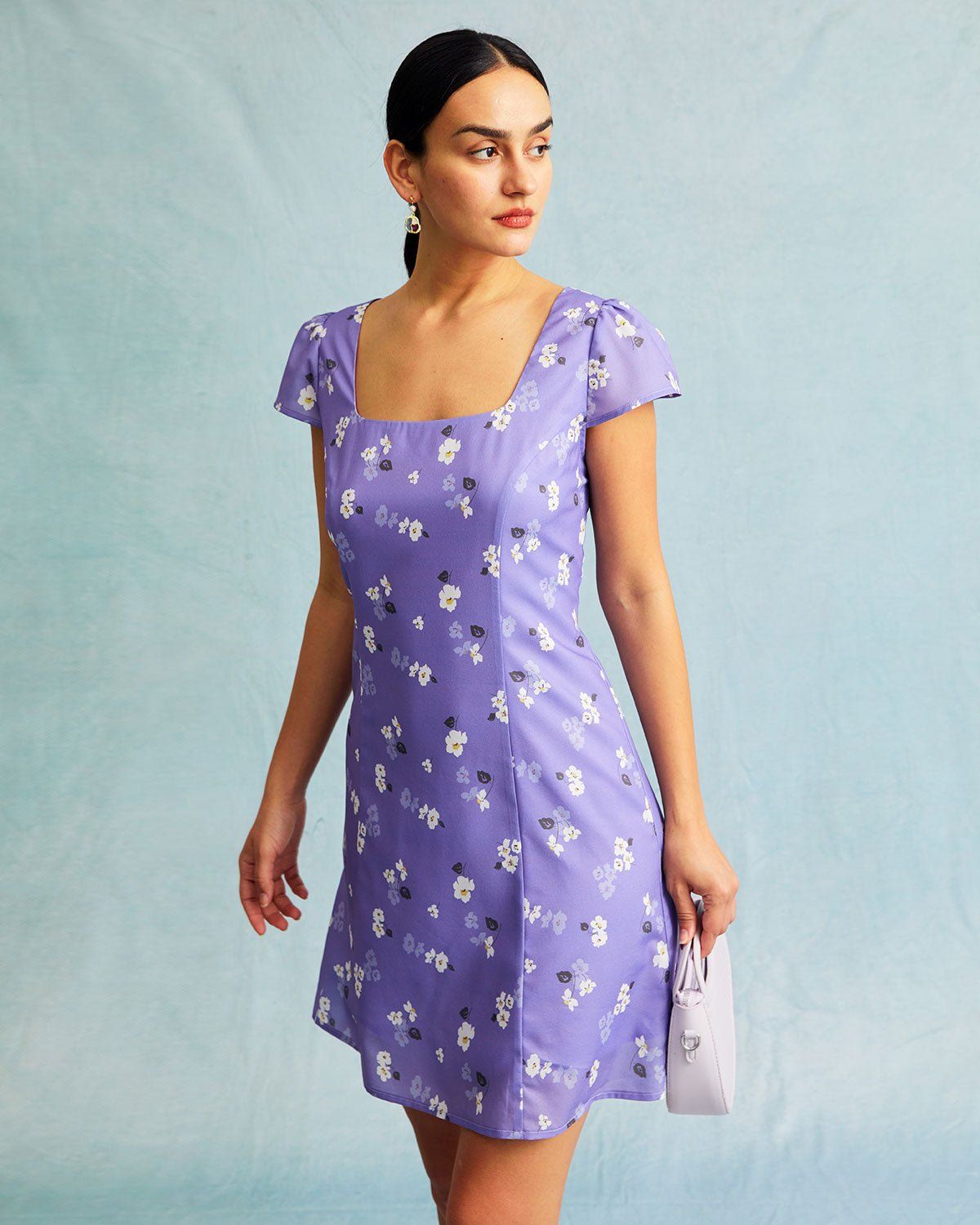 The Purple Floral Tie Back Cap Sleeve Mini Dress sold by rihoas product image thumbnail 4