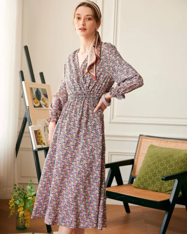 The V Neck Ruffle Cuff Floral Midi Dress sold by rihoas