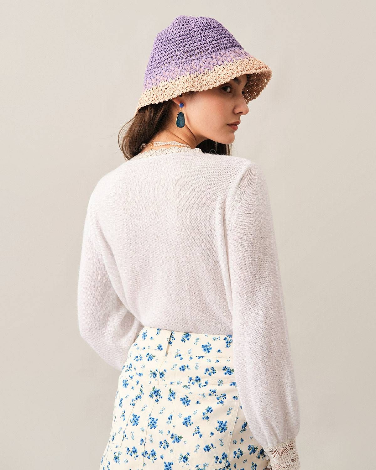 The Lace Trim Pearl Single-breasted Knit Top sold by rihoas product image thumbnail 5