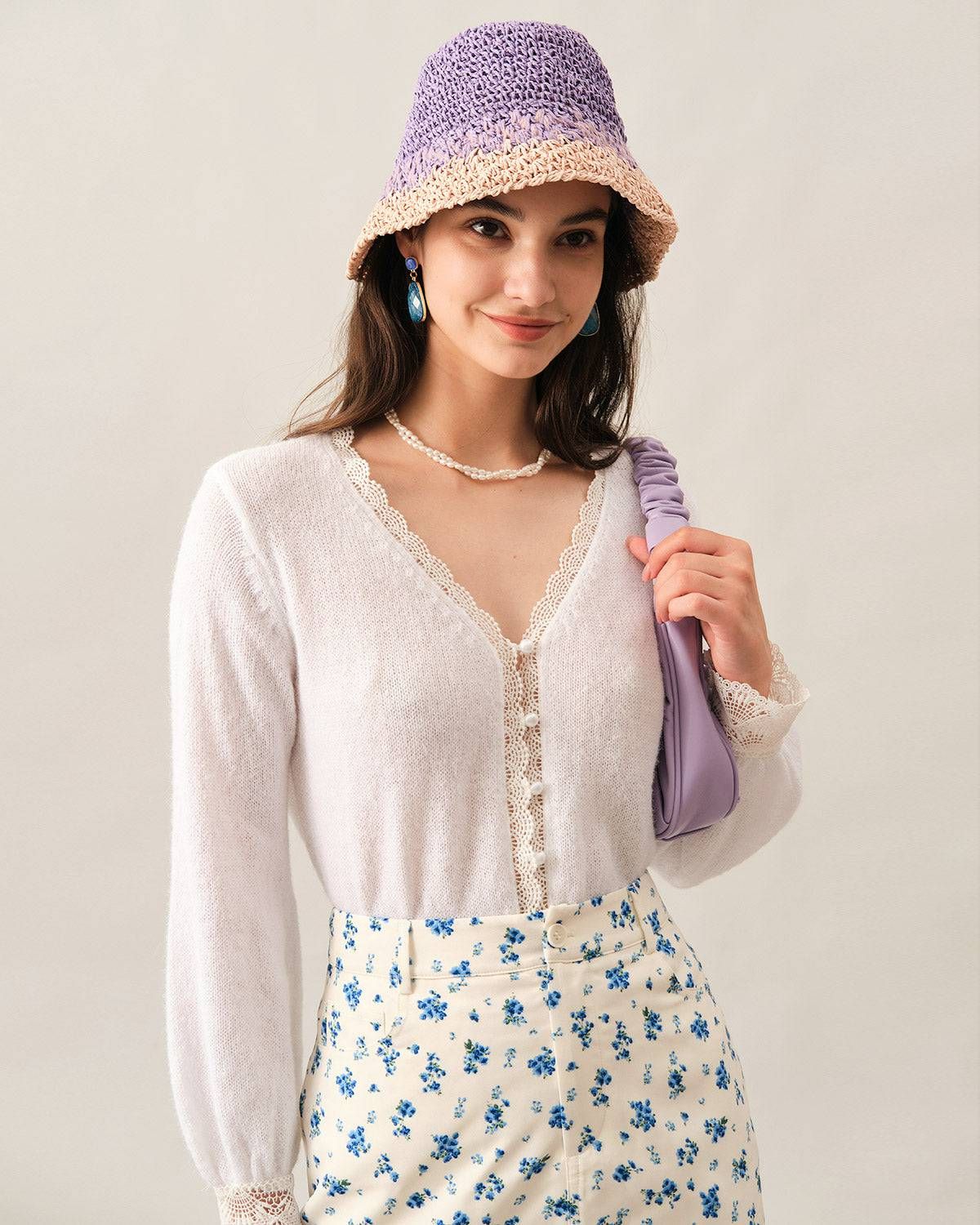 The Lace Trim Pearl Single-breasted Knit Top sold by rihoas product image thumbnail 3