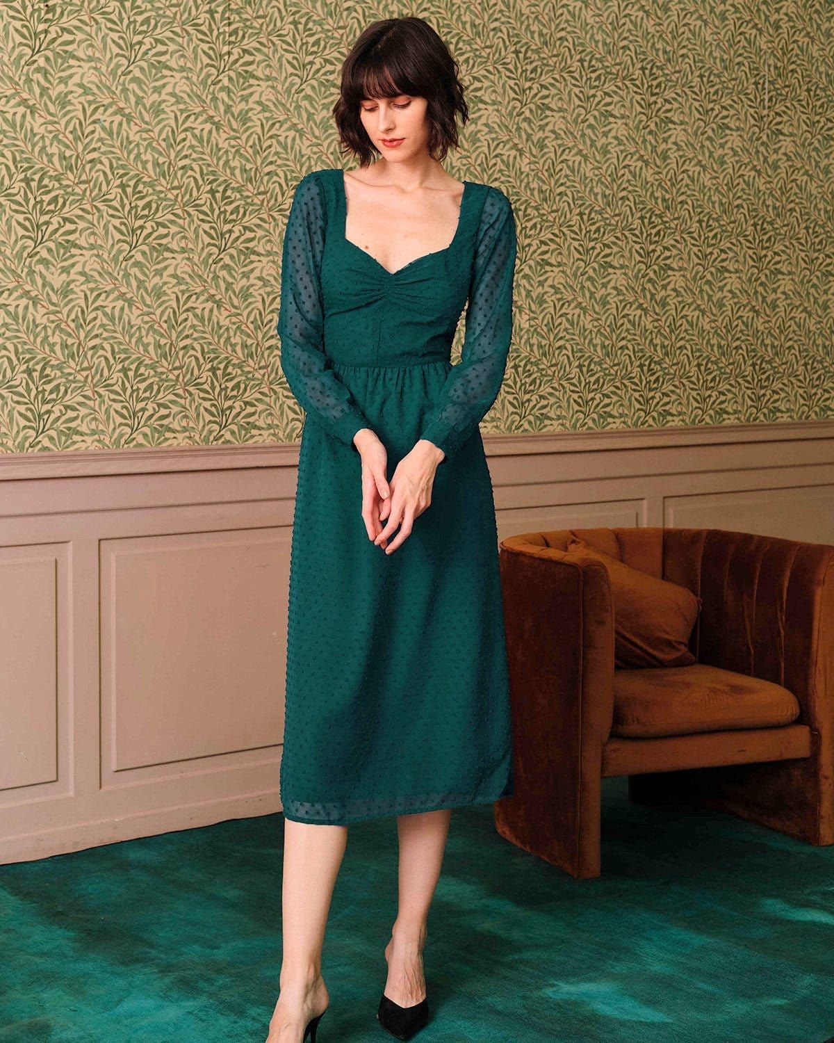 The Dark Green Sweetheart Neck Sheer Sleeve Midi Dress sold by rihoas product image thumbnail 2
