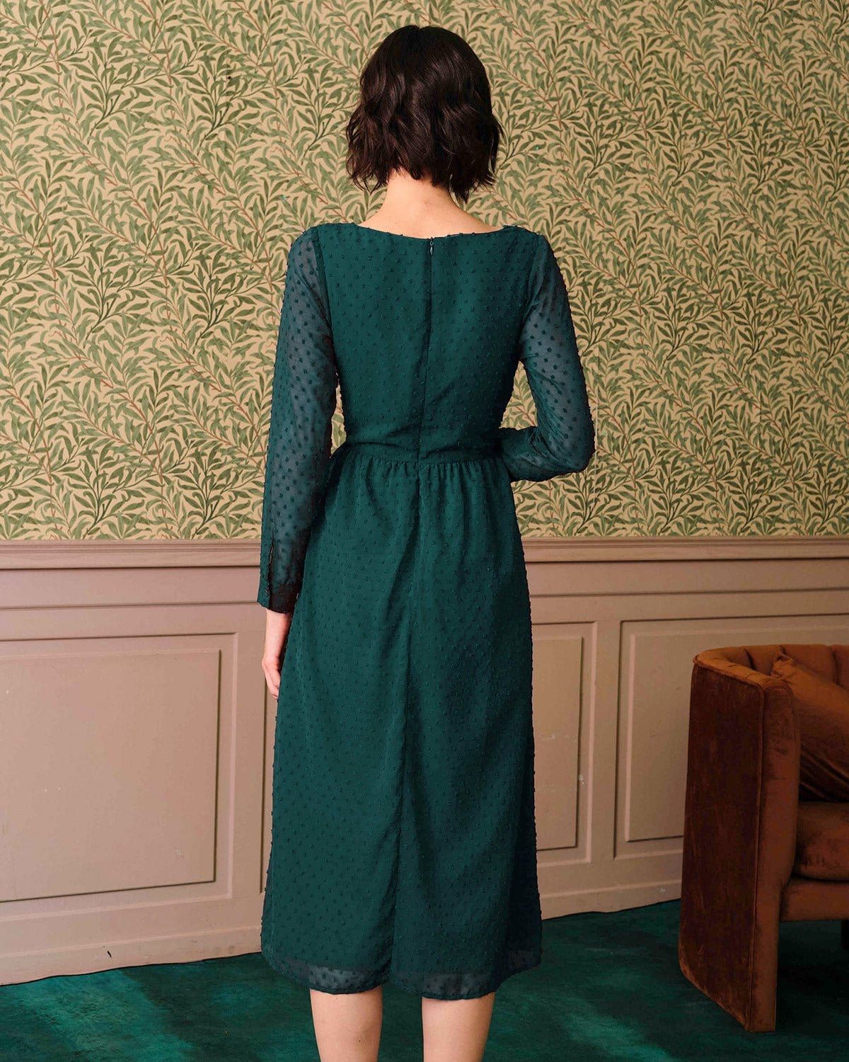 The Dark Green Sweetheart Neck Sheer Sleeve Midi Dress sold by rihoas product image thumbnail 3