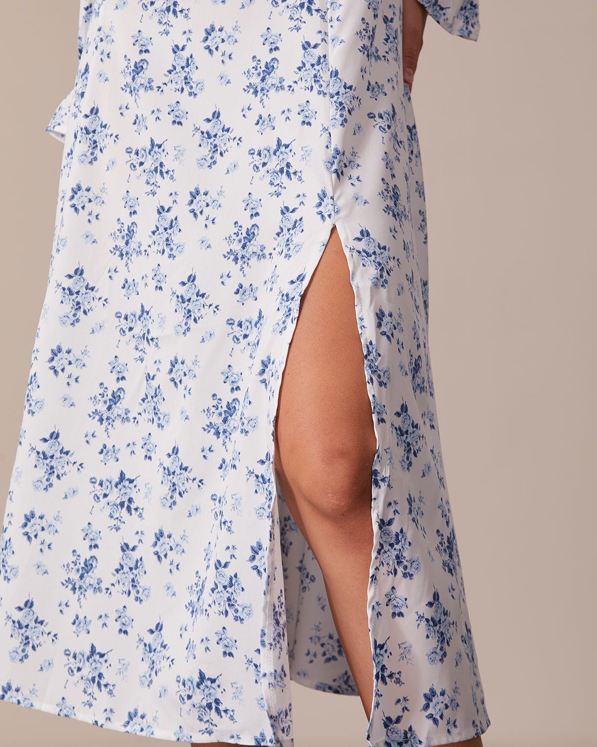 The Blue Floral Ruched Puff Sleeve Midi Dress sold by rihoas product image thumbnail 5
