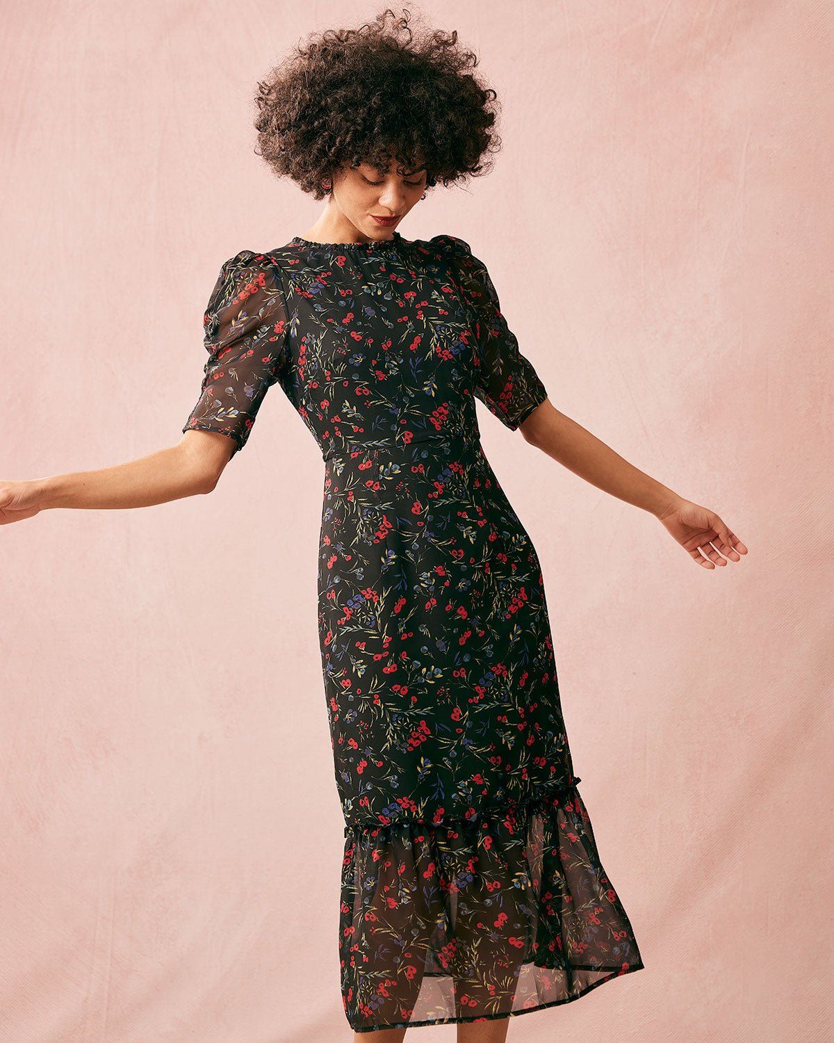 The Round Neck Floral Mesh Midi Dress sold by rihoas product image thumbnail 4