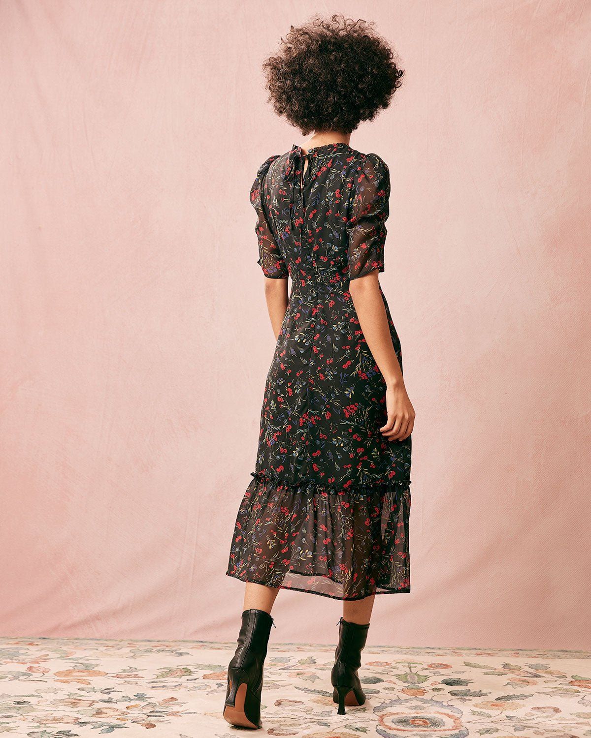 The Round Neck Floral Mesh Midi Dress sold by rihoas product image thumbnail 5