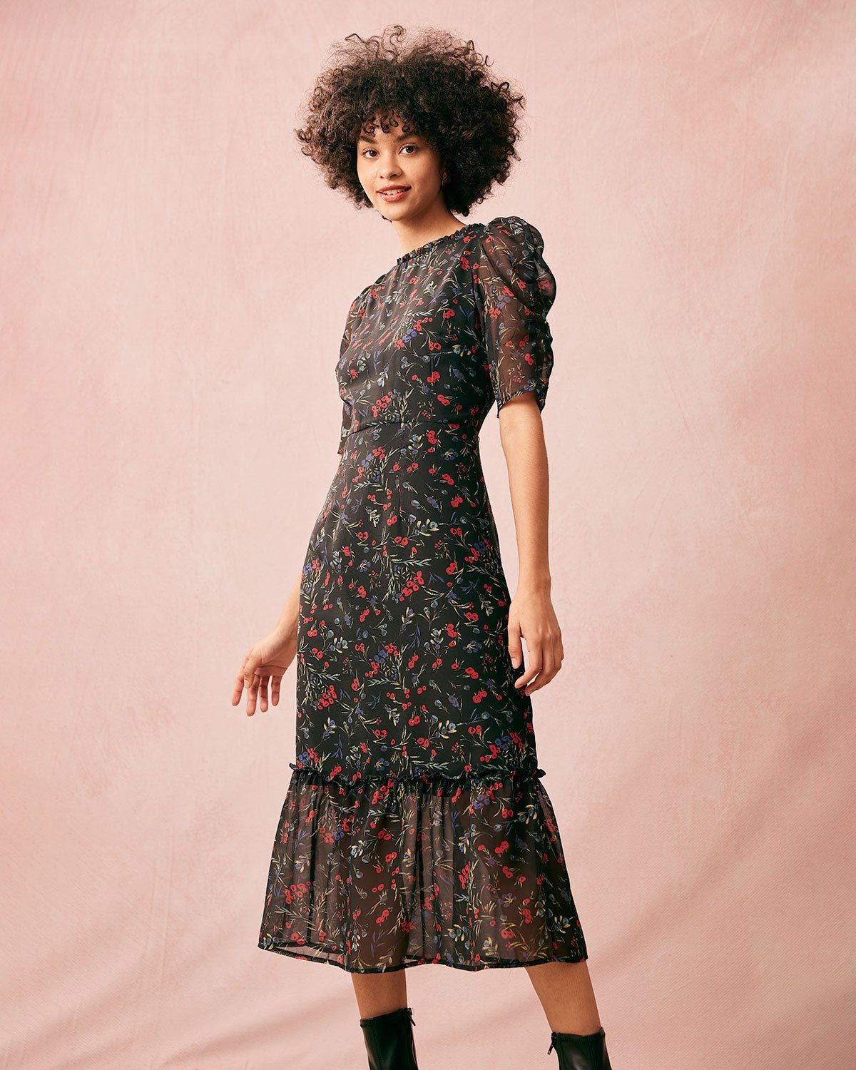 The Round Neck Floral Mesh Midi Dress sold by rihoas product image thumbnail 3