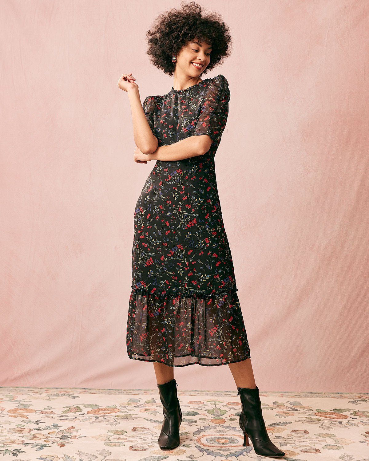 The Round Neck Floral Mesh Midi Dress sold by rihoas