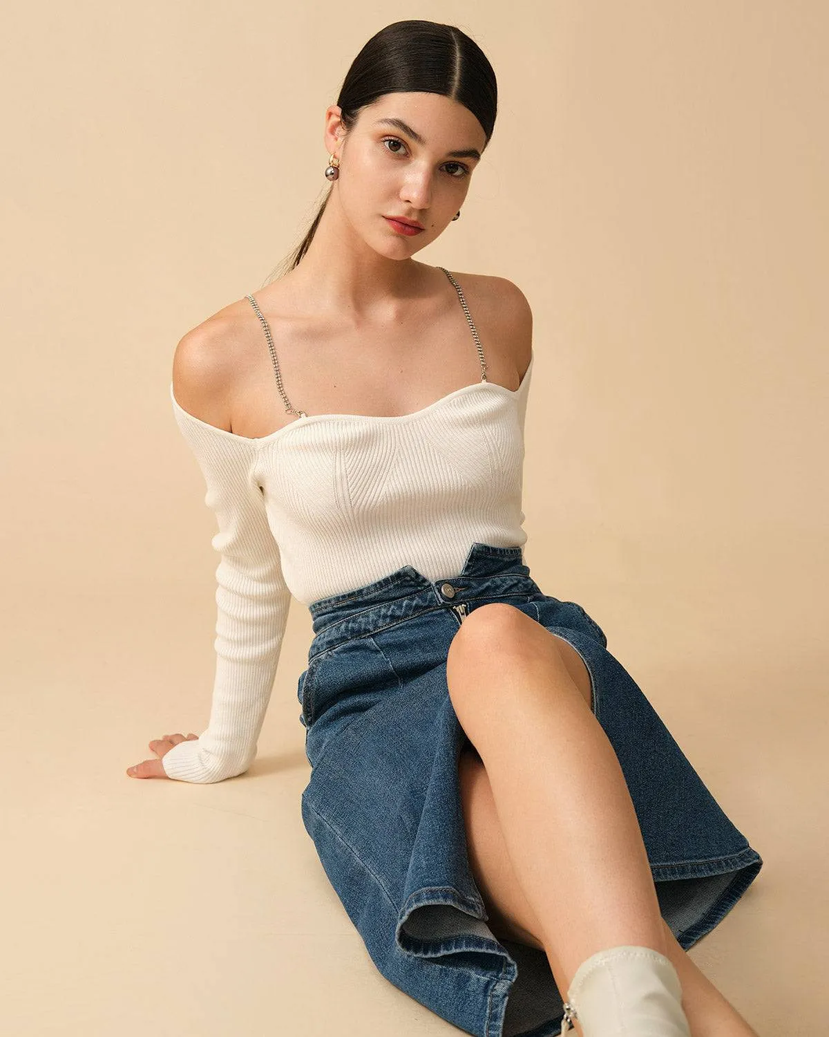 The Ribbed Chain Strap Long Sleeve Knit Top sold by rihoas product image thumbnail 5