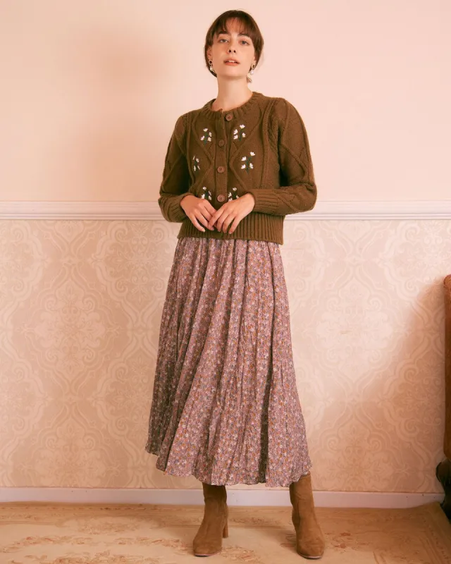 The Pink Elastic Waist Floral Pleated Midi Skirt sold by rihoas
