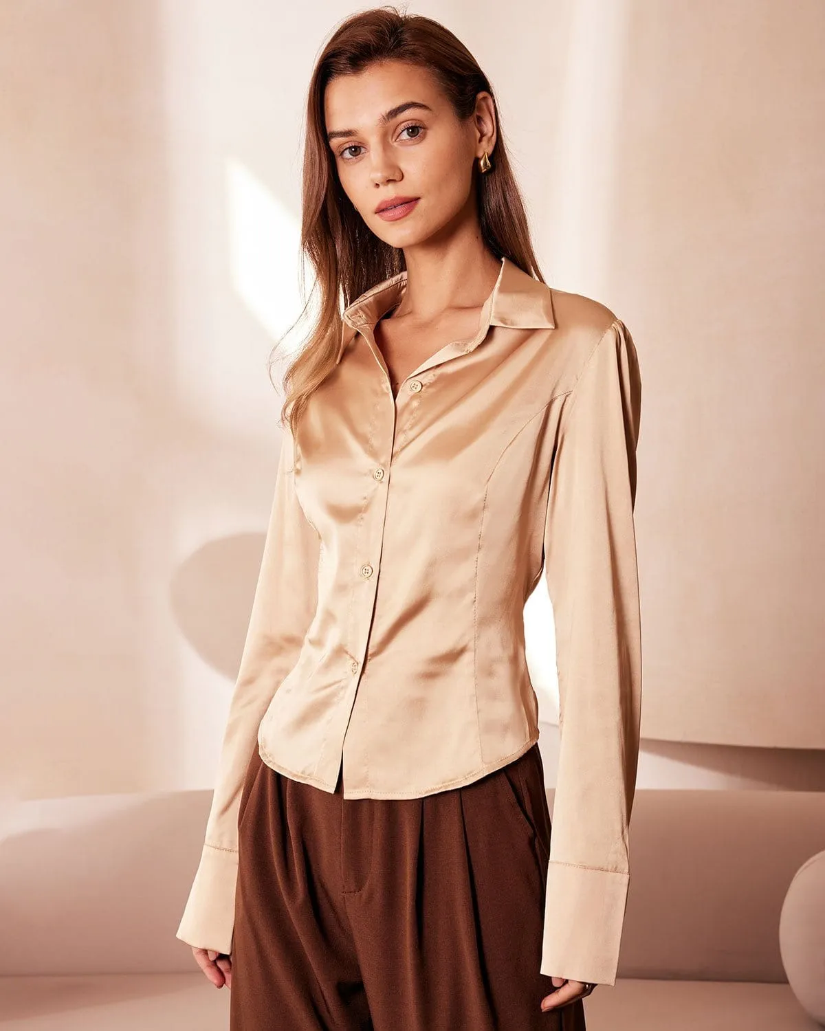 The Khaki Collared Button Long Sleeve Satin Shirt sold by rihoas