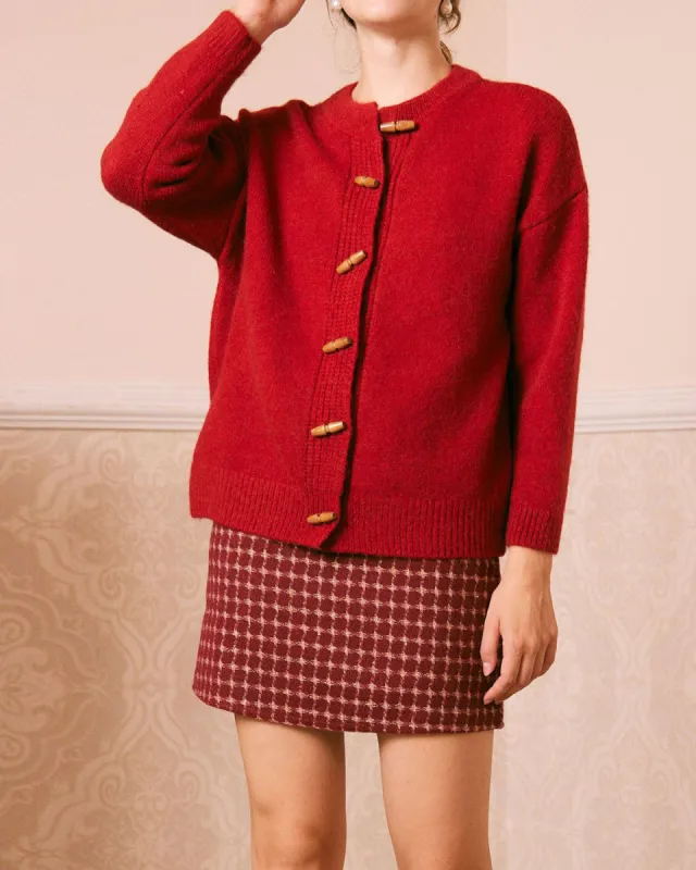 The Red Round Neck Drop Shoulder Cardigan sold by rihoas