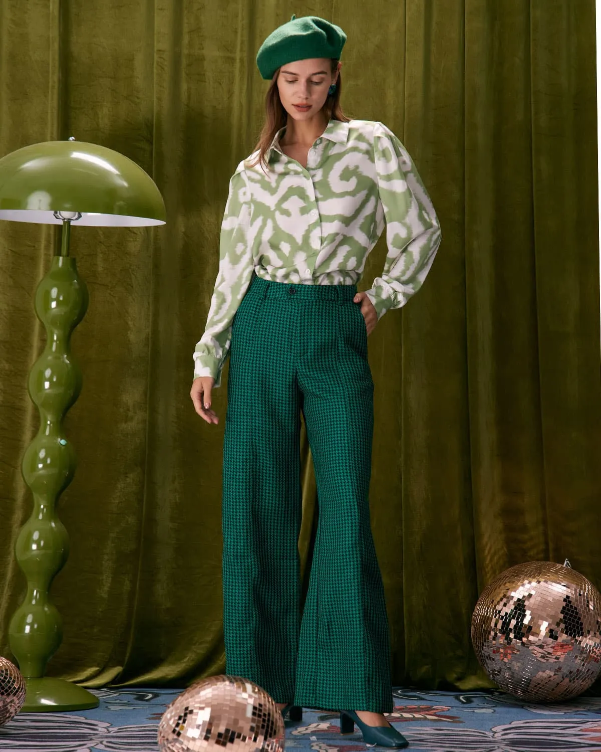 The Green Houndstooth Wide Leg Pants sold by rihoas product image thumbnail 5
