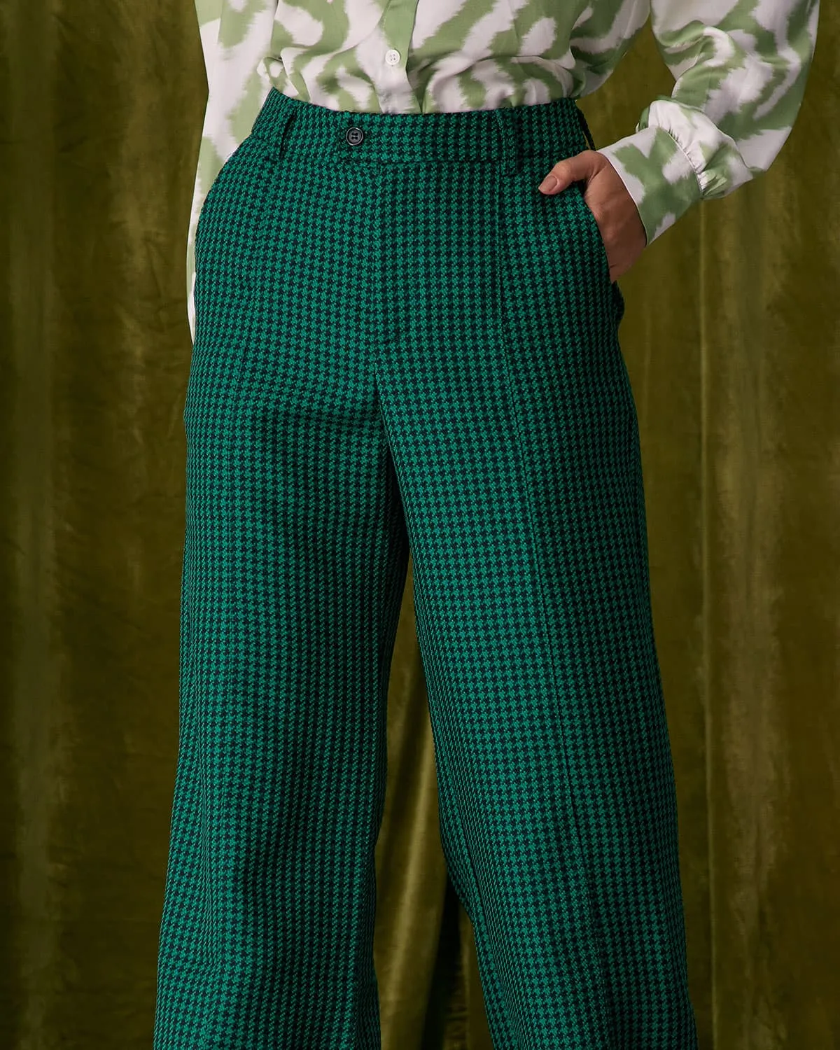 The Green Houndstooth Wide Leg Pants sold by rihoas product image thumbnail 2