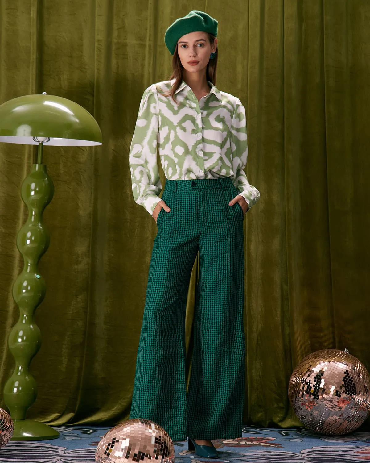 The Green Houndstooth Wide Leg Pants sold by rihoas product image thumbnail 4