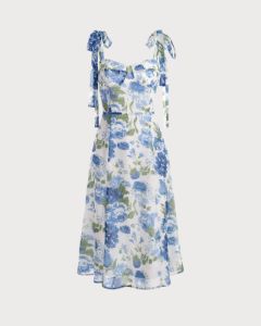 The Sweetheart Neck Tie Shoulder Floral Midi Dress sold by rihoas