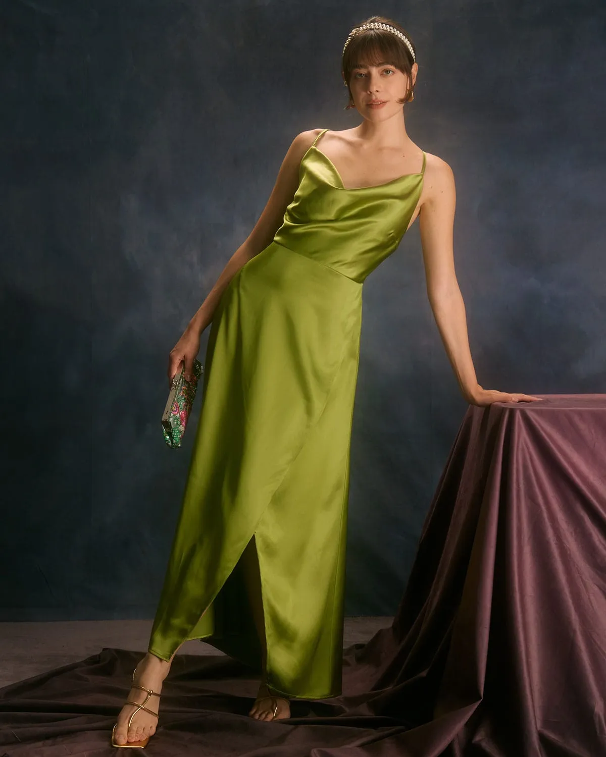 The Green Cowl Neck Split Satin Maxi Dress sold by rihoas product image thumbnail 3