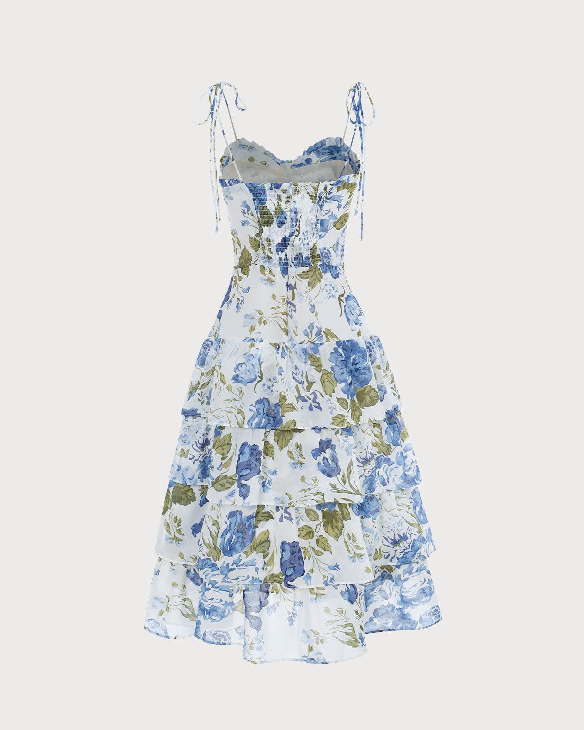 The Blue Sleeveless Tie Strap Ruffle Floral Midi Dress sold by rihoas product image thumbnail 3