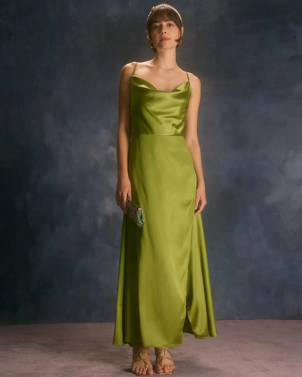 The Green Cowl Neck Split Satin Maxi Dress sold by rihoas