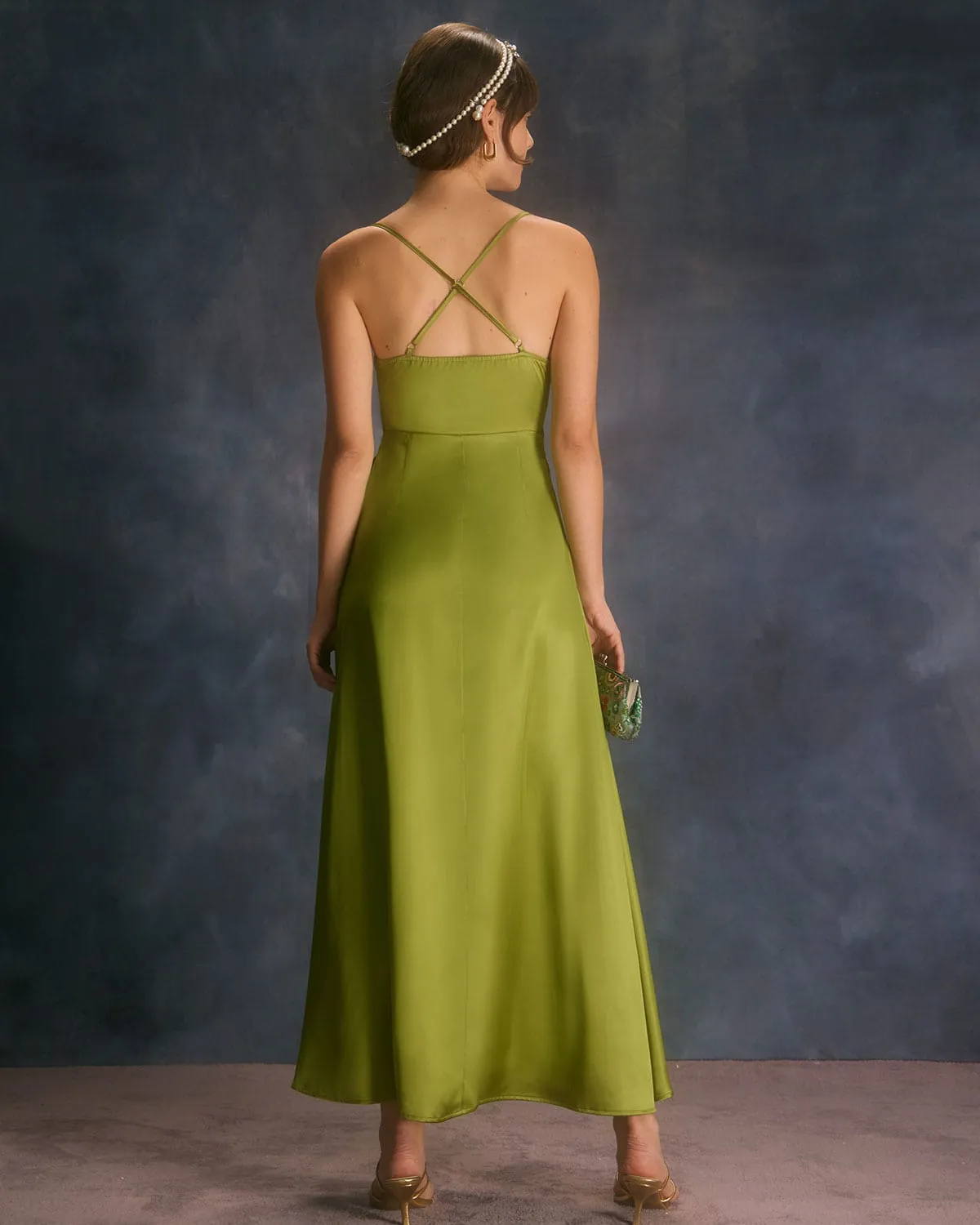 The Green Cowl Neck Split Satin Maxi Dress sold by rihoas product image thumbnail 2