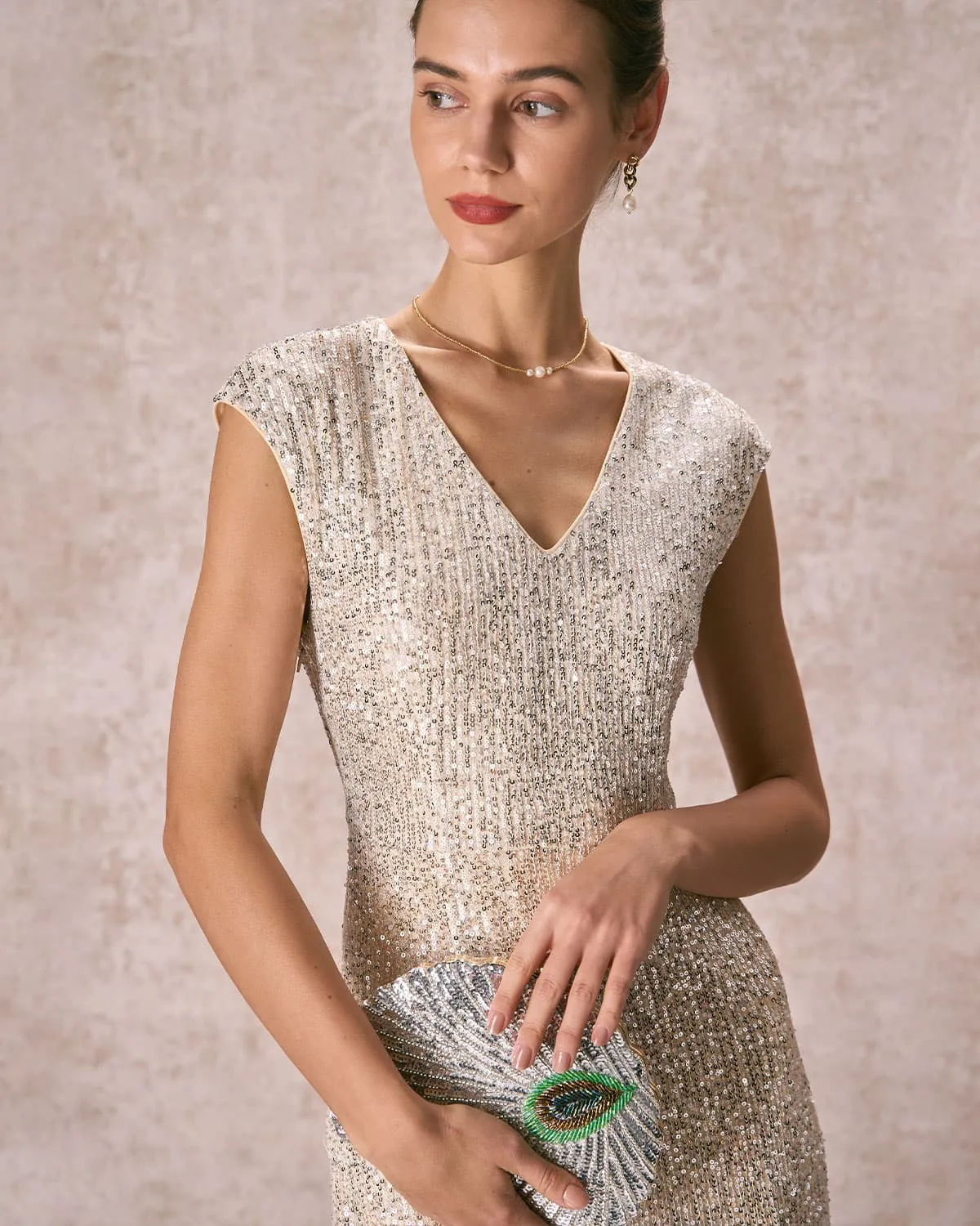 The Apricot V-Neck Sequin Maxi Dress sold by rihoas product image thumbnail 2