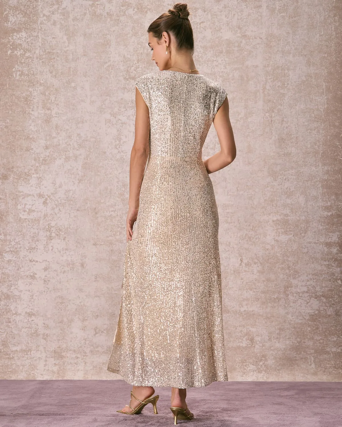 The Apricot V-Neck Sequin Maxi Dress sold by rihoas product image thumbnail 5