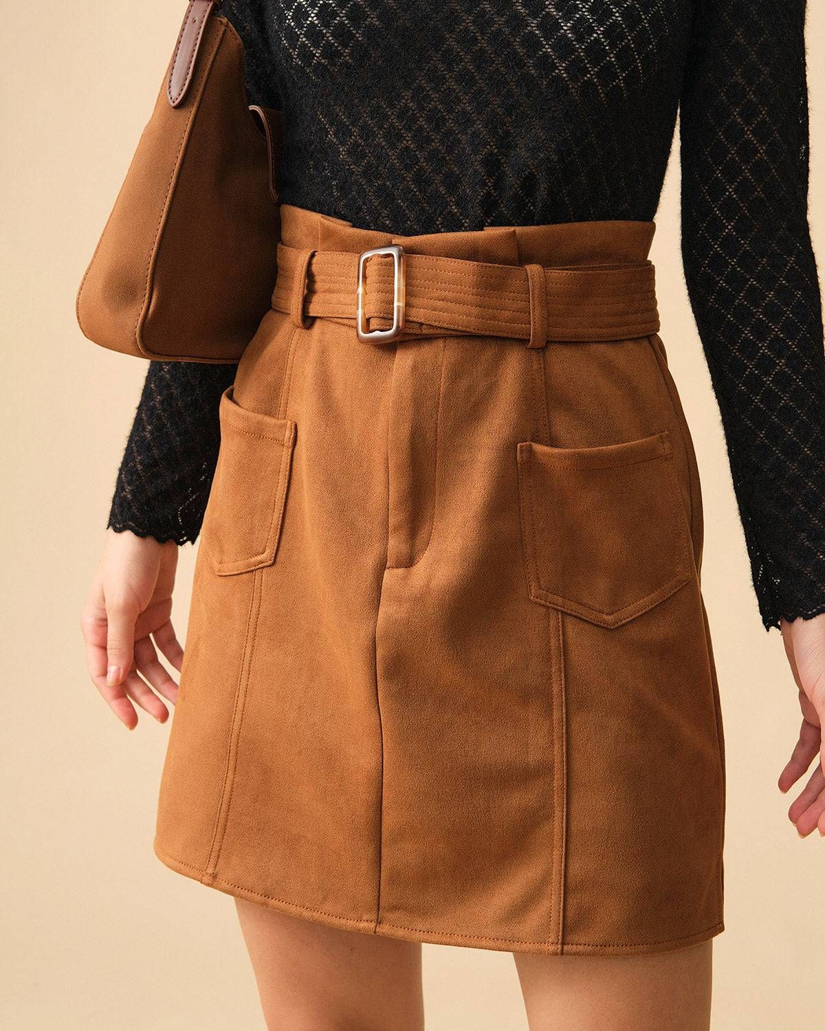 The Solid High Waisted Belted Suede Skirt sold by rihoas