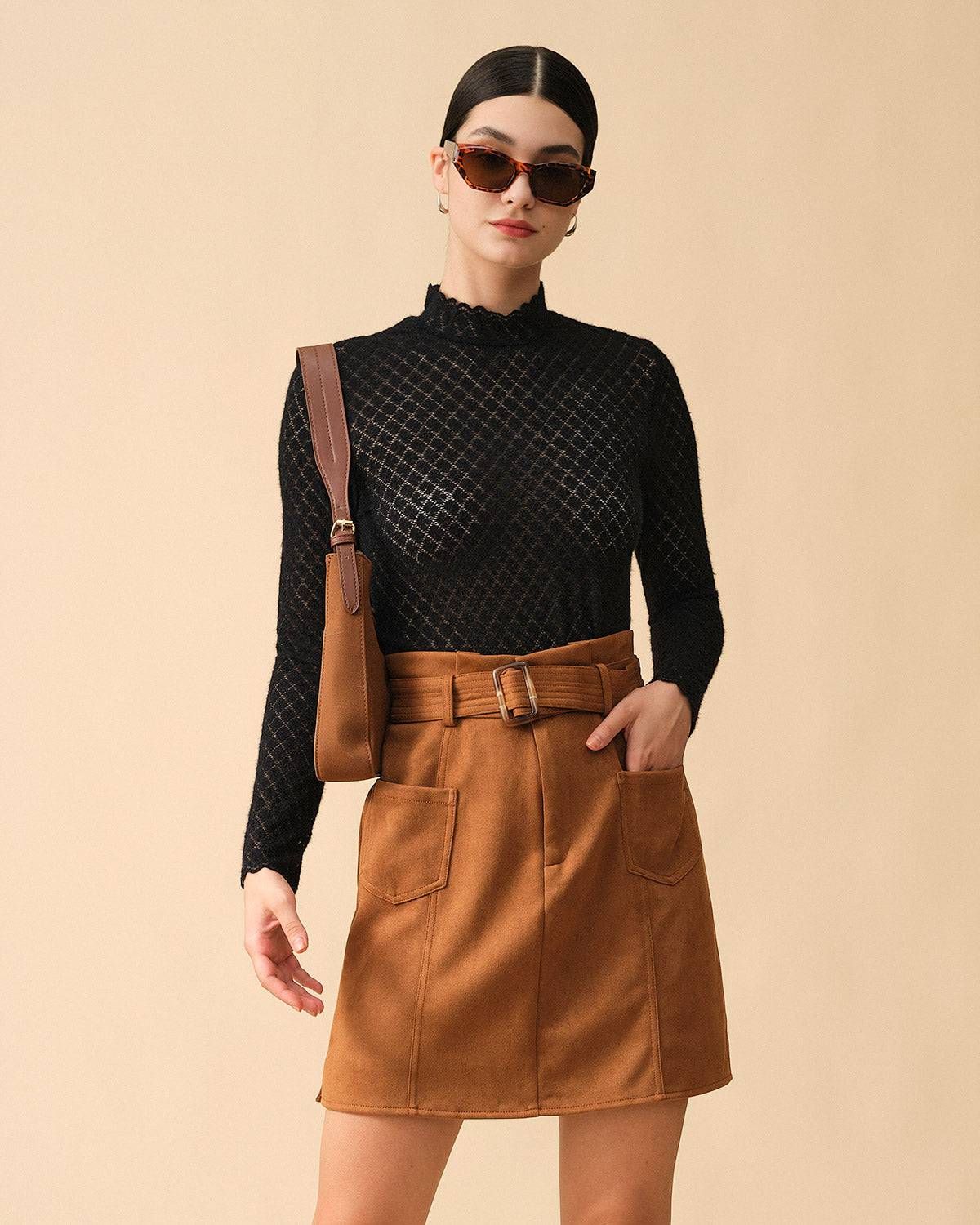 The Solid High Waisted Belted Suede Skirt sold by rihoas product image thumbnail 3