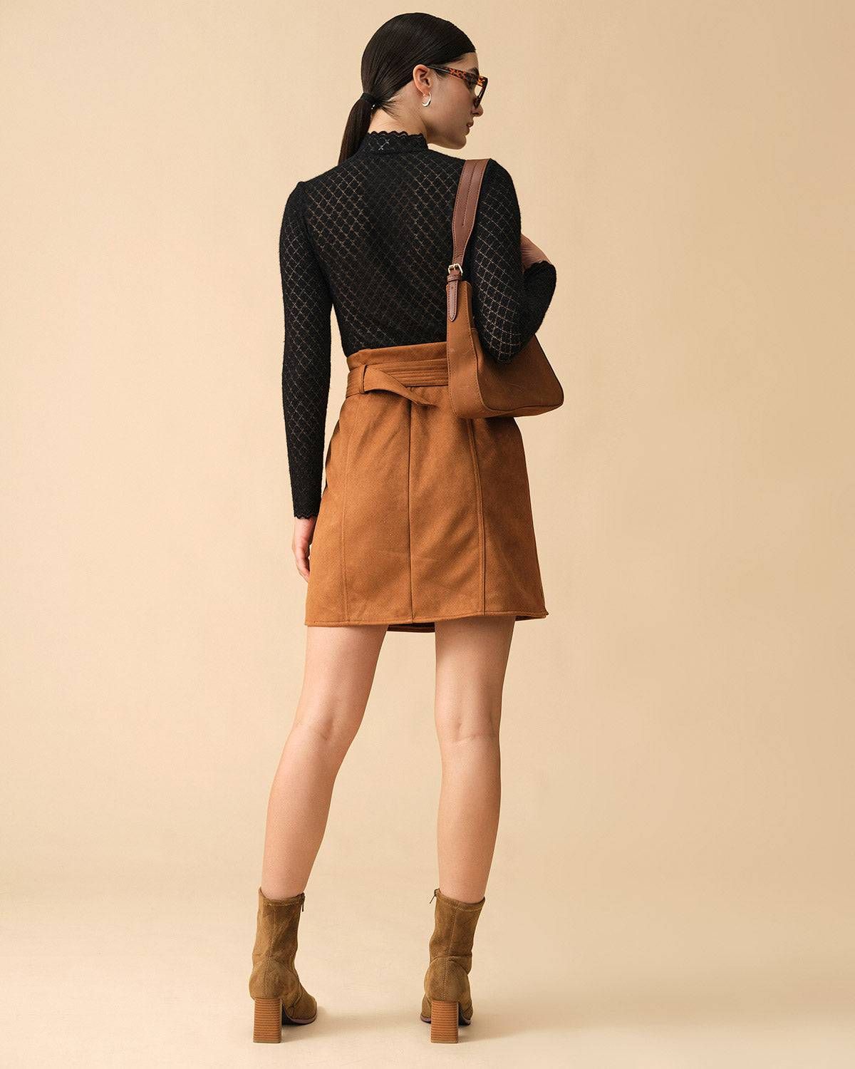The Solid High Waisted Belted Suede Skirt sold by rihoas product image thumbnail 5