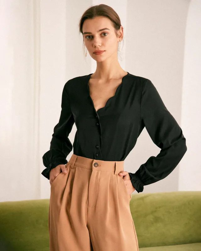 The Black V Neck Button Scalloped Blouse sold by rihoas