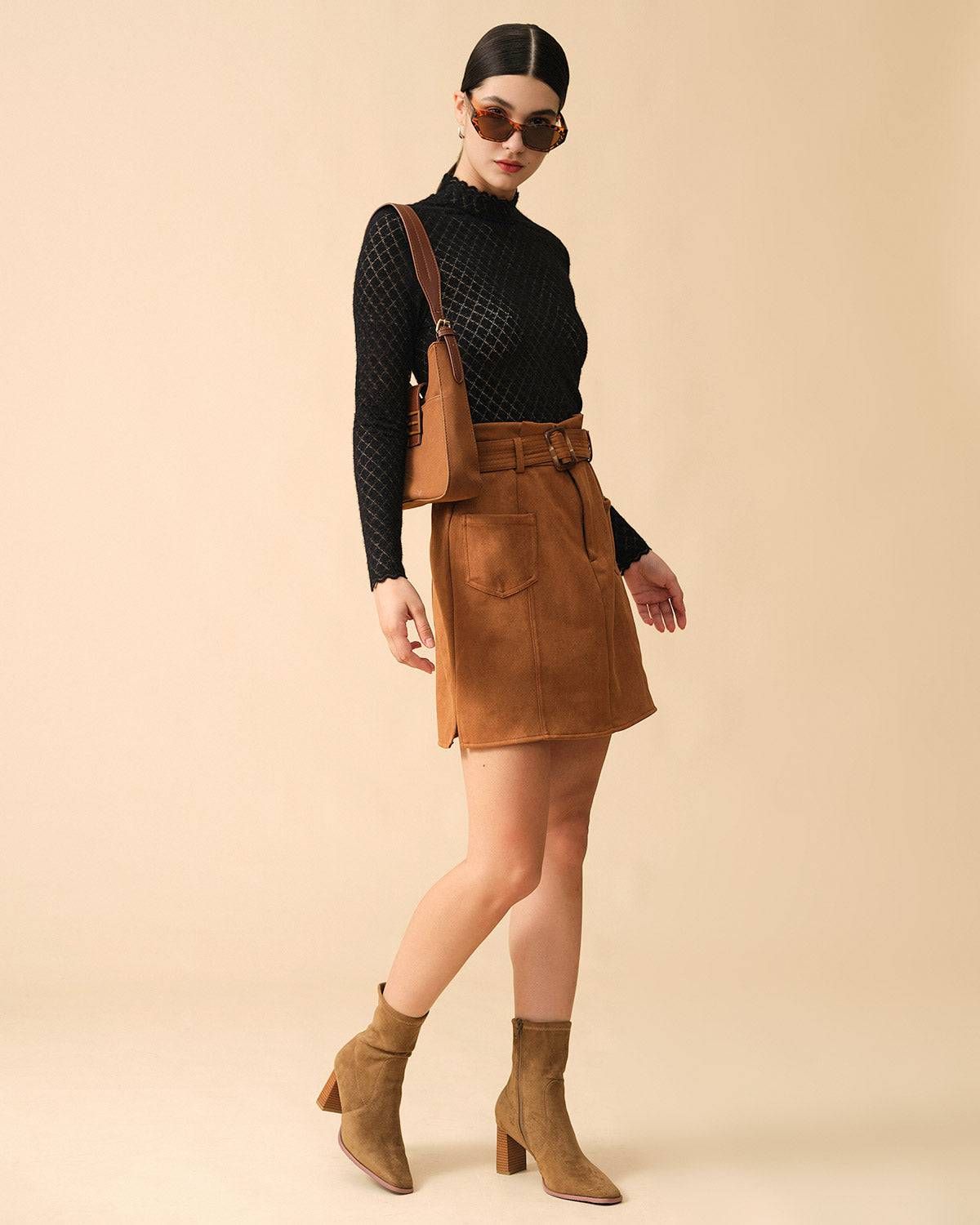 The Solid High Waisted Belted Suede Skirt sold by rihoas product image thumbnail 2