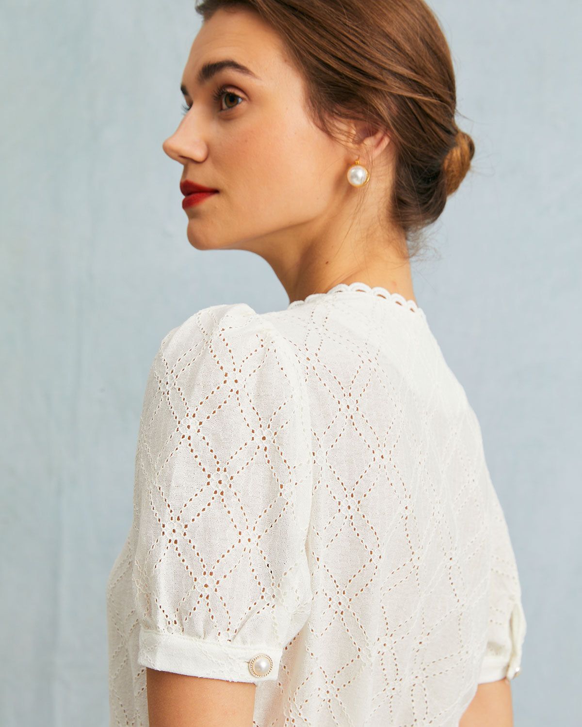 The White V Neck Lace Eyelet Embroidery Blouse sold by rihoas product image thumbnail 3