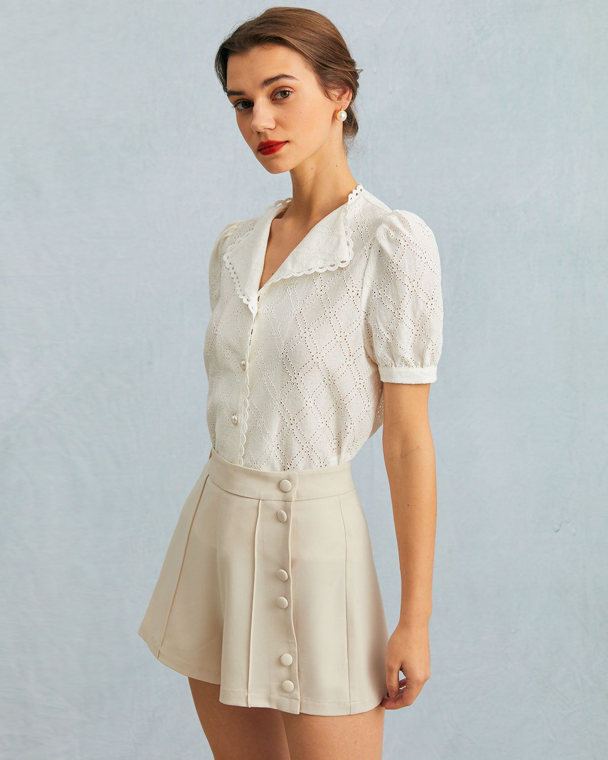 The White V Neck Lace Eyelet Embroidery Blouse sold by rihoas product image thumbnail 2