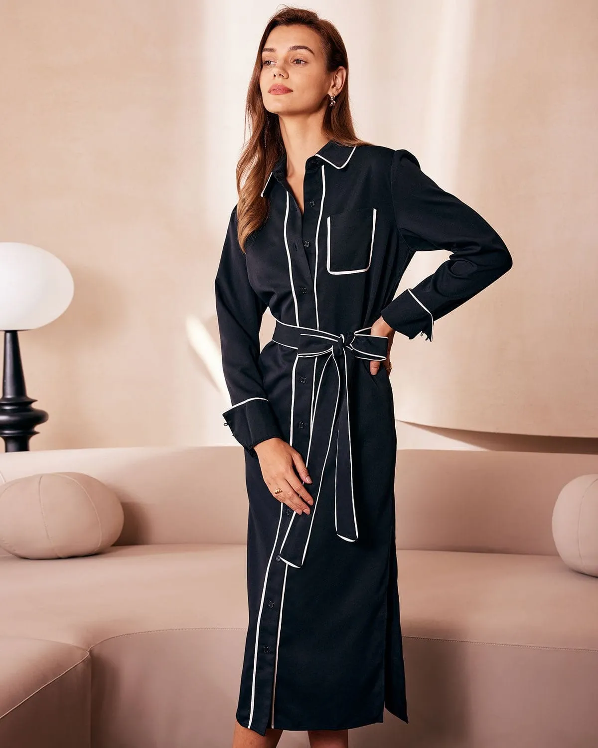 The Black Contrast Belted Shirt Midi Dress sold by rihoas product image thumbnail 3