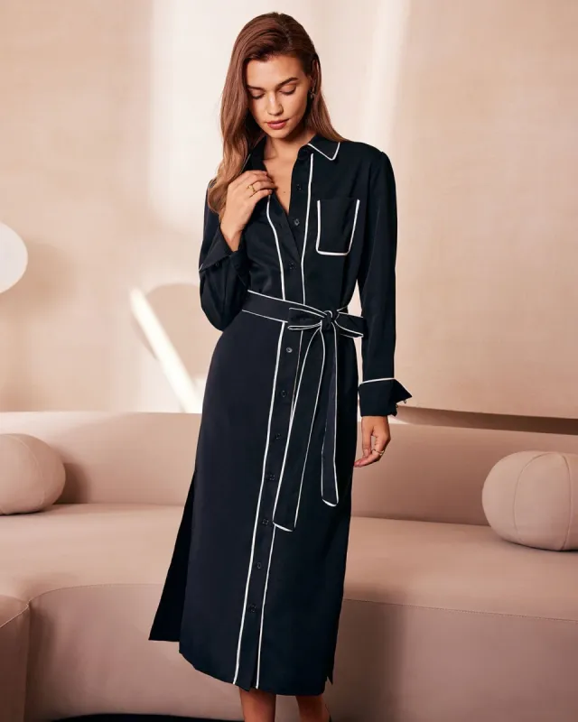 The Black Contrast Belted Shirt Midi Dress sold by rihoas