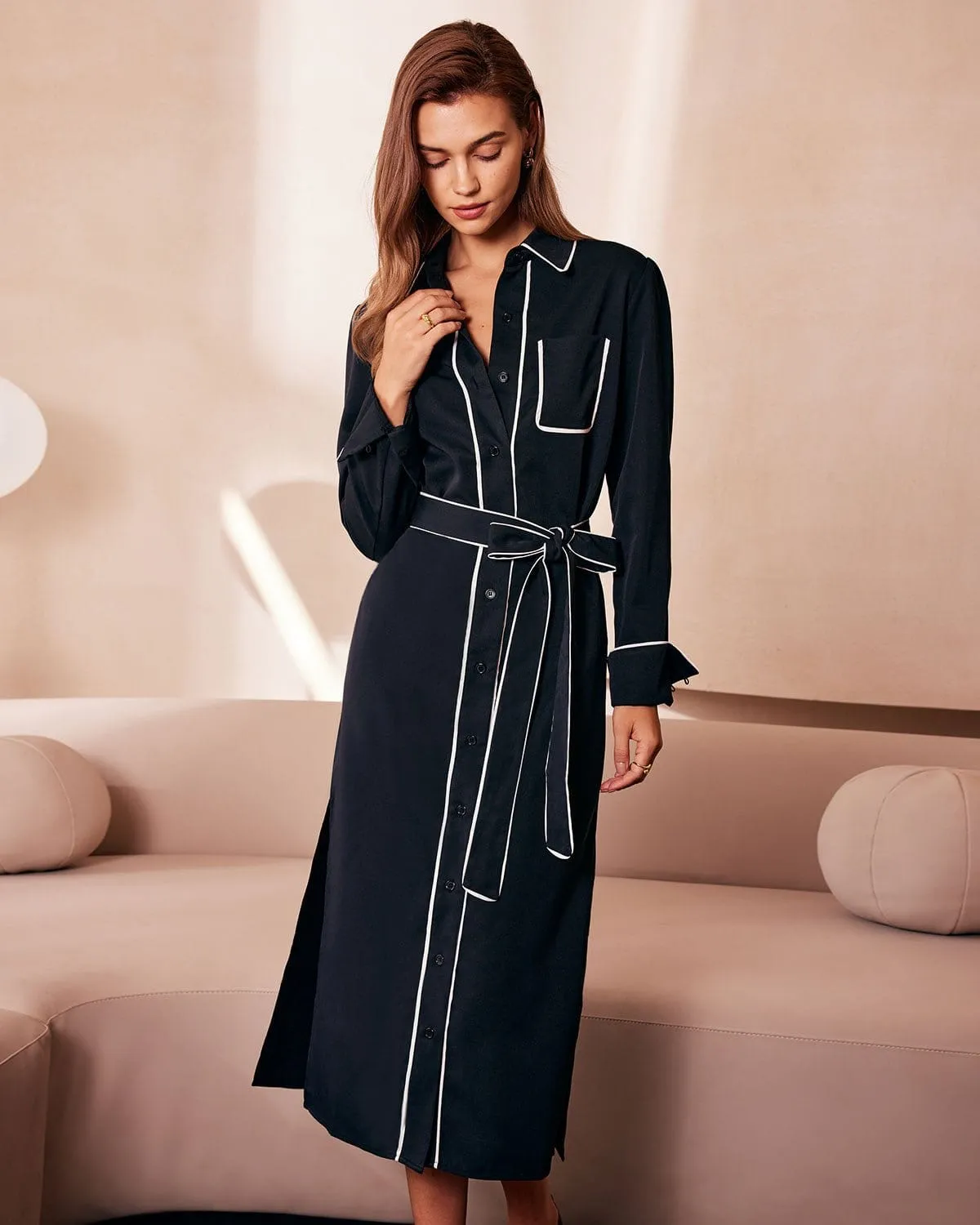 The Black Contrast Belted Shirt Midi Dress sold by rihoas