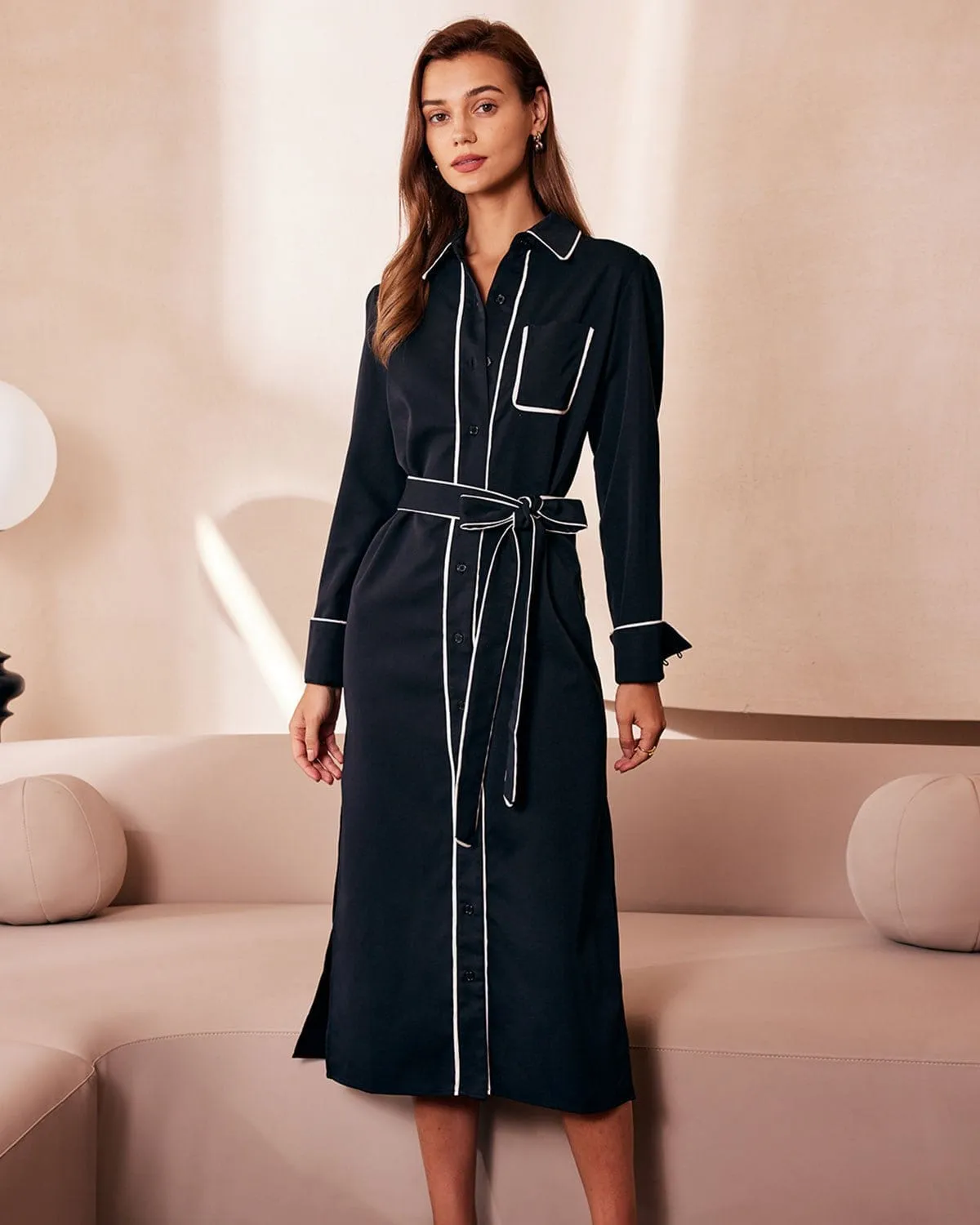 The Black Contrast Belted Shirt Midi Dress sold by rihoas product image thumbnail 4