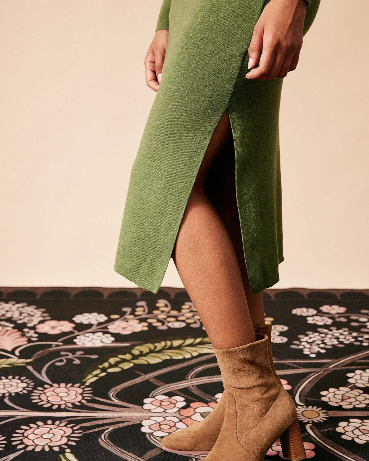 The Green Solid Turtleneck Long Sleeve Knit Dress sold by rihoas product image thumbnail 2