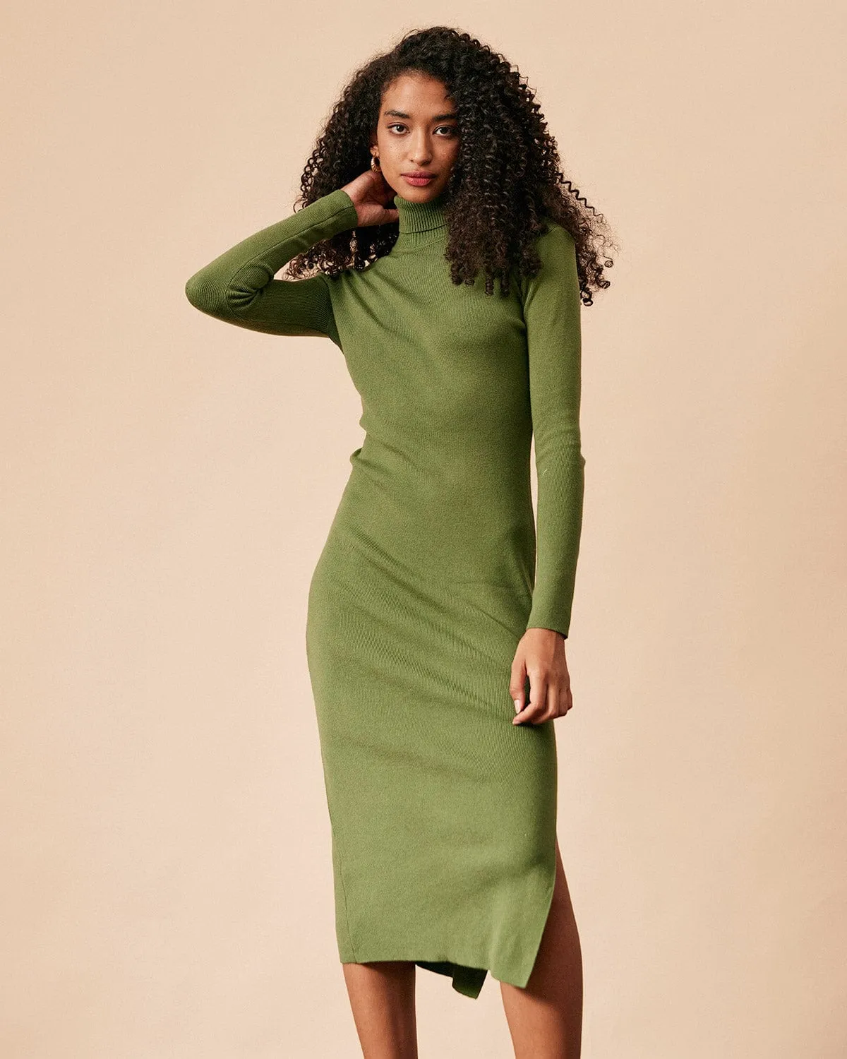 The Green Solid Turtleneck Long Sleeve Knit Dress sold by rihoas
