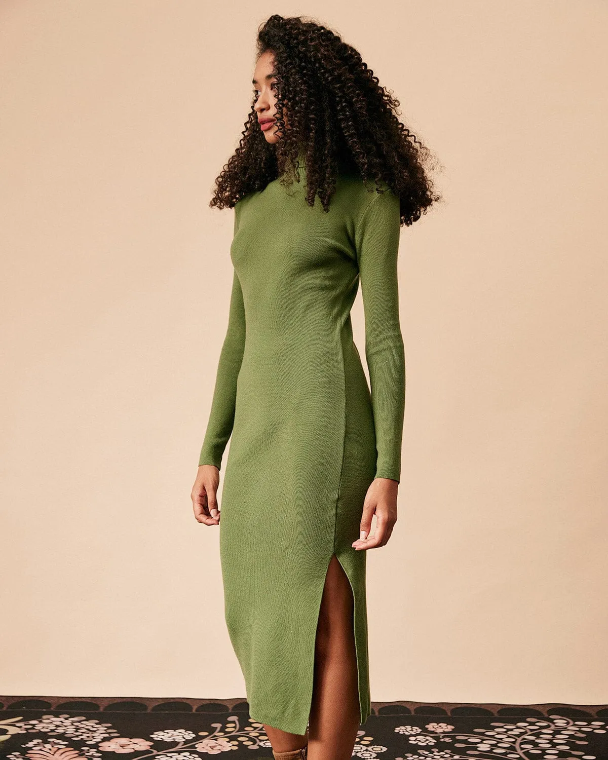 The Green Solid Turtleneck Long Sleeve Knit Dress sold by rihoas product image thumbnail 4