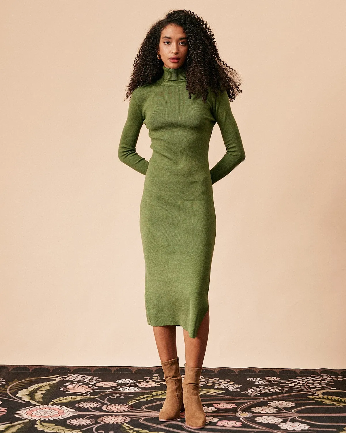 The Green Solid Turtleneck Long Sleeve Knit Dress sold by rihoas product image thumbnail 3