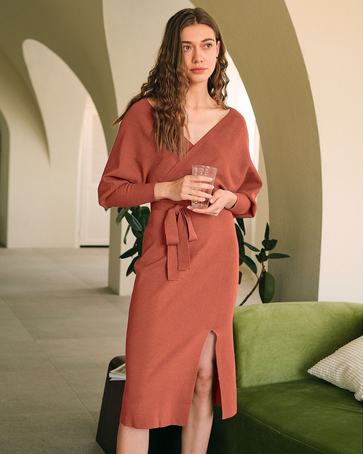 The Long sleeve Wrap Sweater Midi Dress sold by rihoas product image thumbnail 5